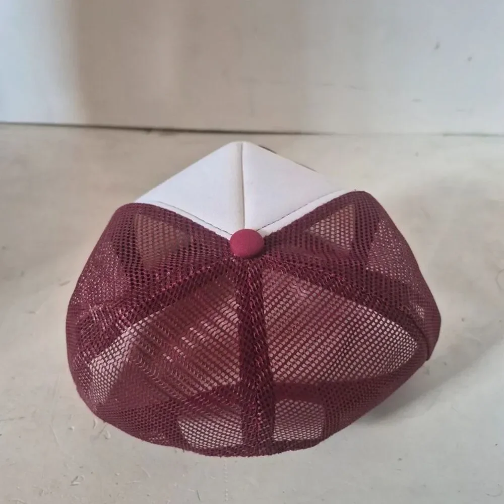 Red polyester mesh trucker hat with cowboy hat/boots iron on